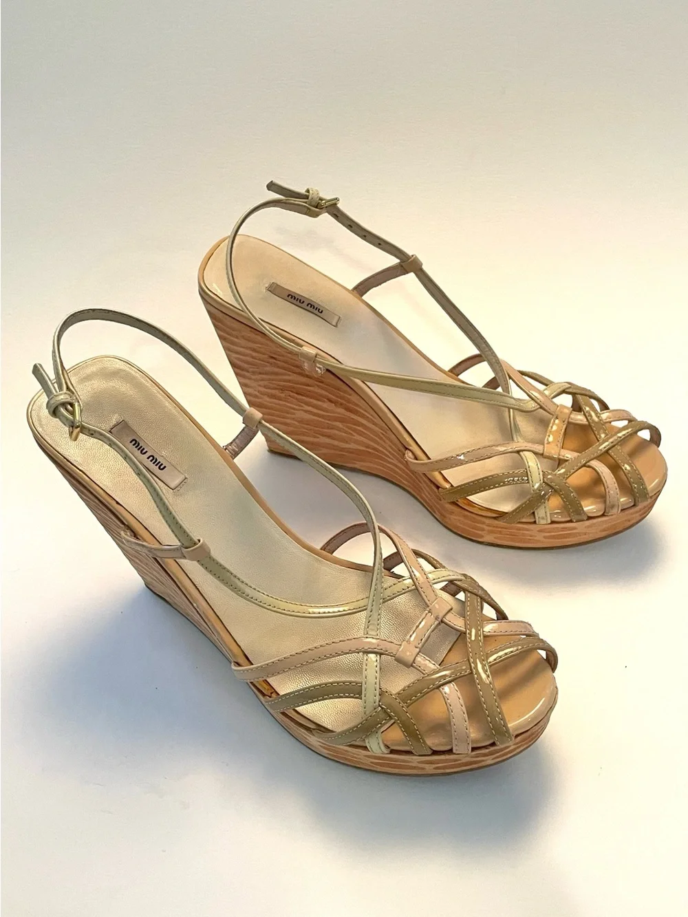 Vintage Miu Miu Wood Carved Strappy Sling Back Wedges